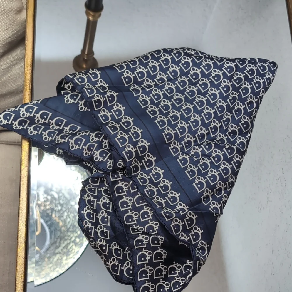 Vintage Christian Dior Pure Silk Navy and White Monogram Print Scarf